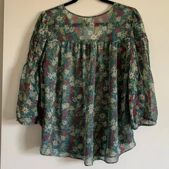 Urban Outfitters Pins and Needles Teal Floral Sheer Blouse size Medium EUC - Picture 2 of 5